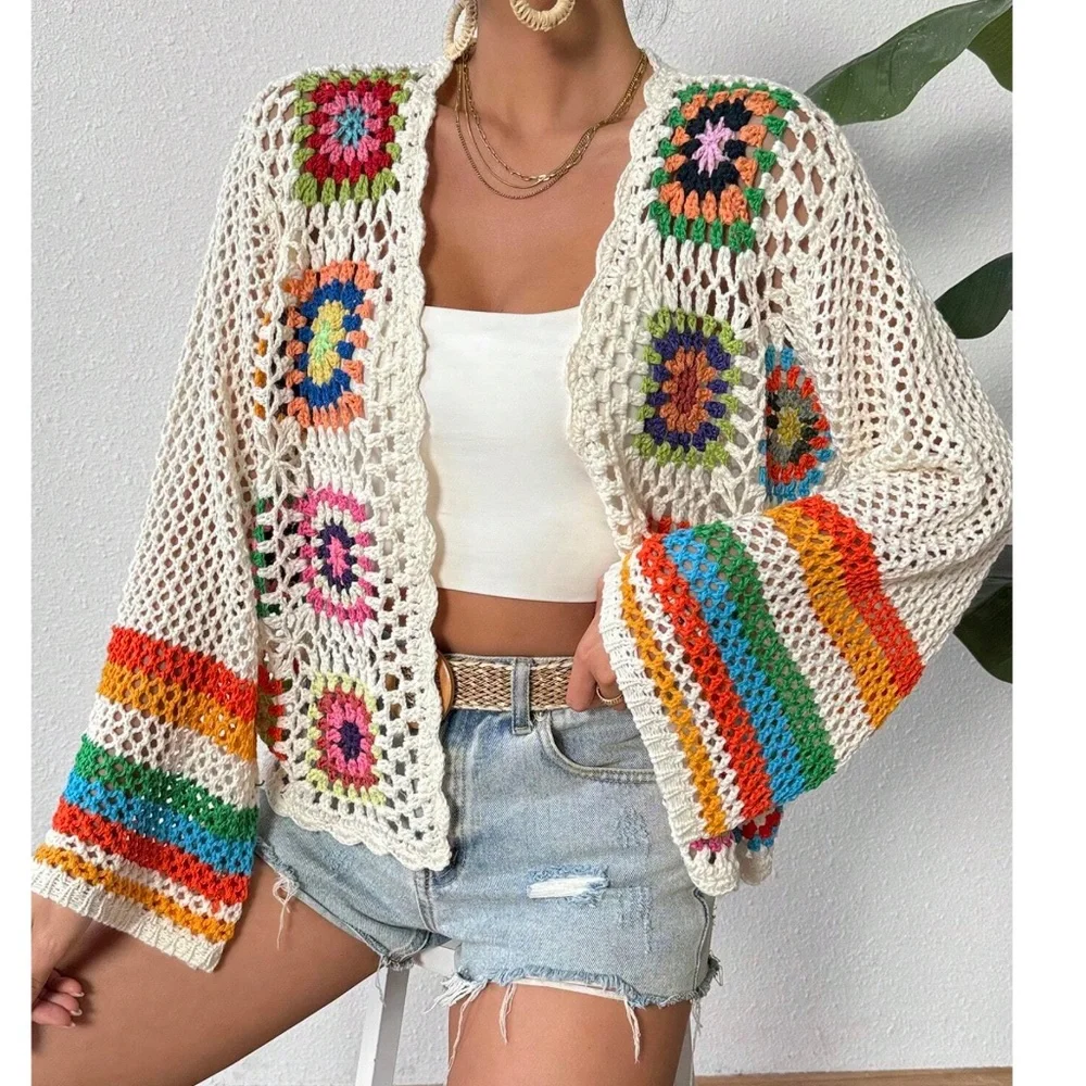 Boho Grannycore crochet open Front Loose Fit Bell Sleeve cArdigan